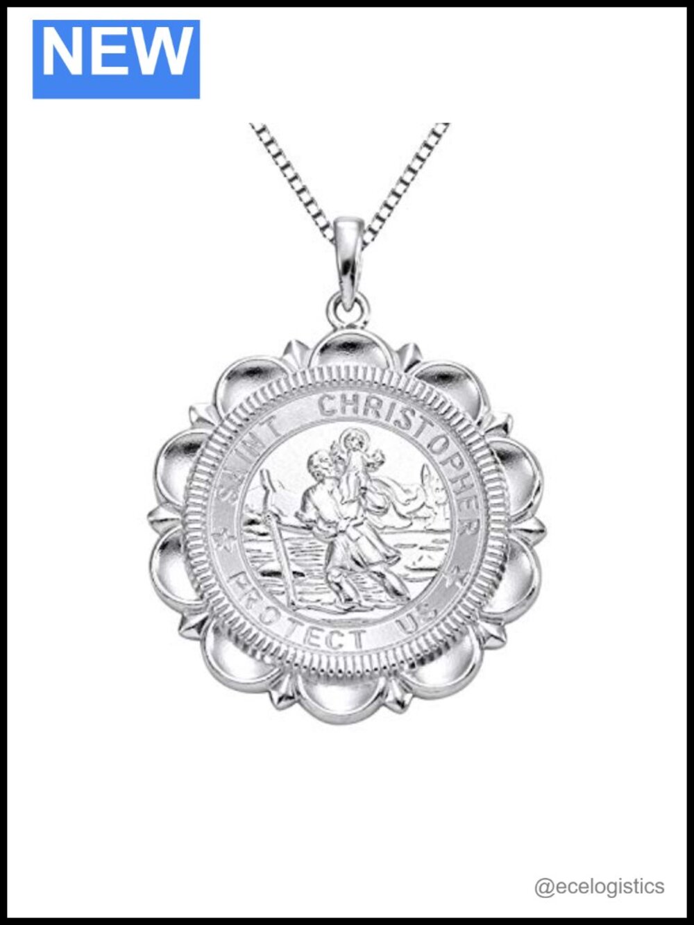 St Christopher Necklace Solid 925 Sterling Silver Engraved Pendant Round